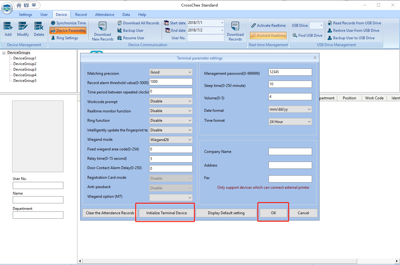 terminal parameter settings